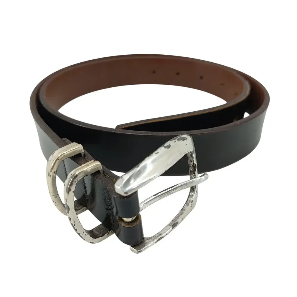 Rockport Black Mens Leather Belt Size 36 Silver Tone Buckle